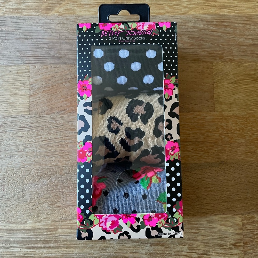Betsey Johnson leopard, rose, and polka dot sock box set.